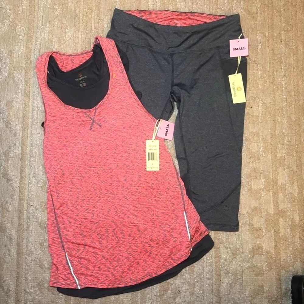 Tangerine Activewear Set Tank Top Capri Leggings Orange Gray Small S N